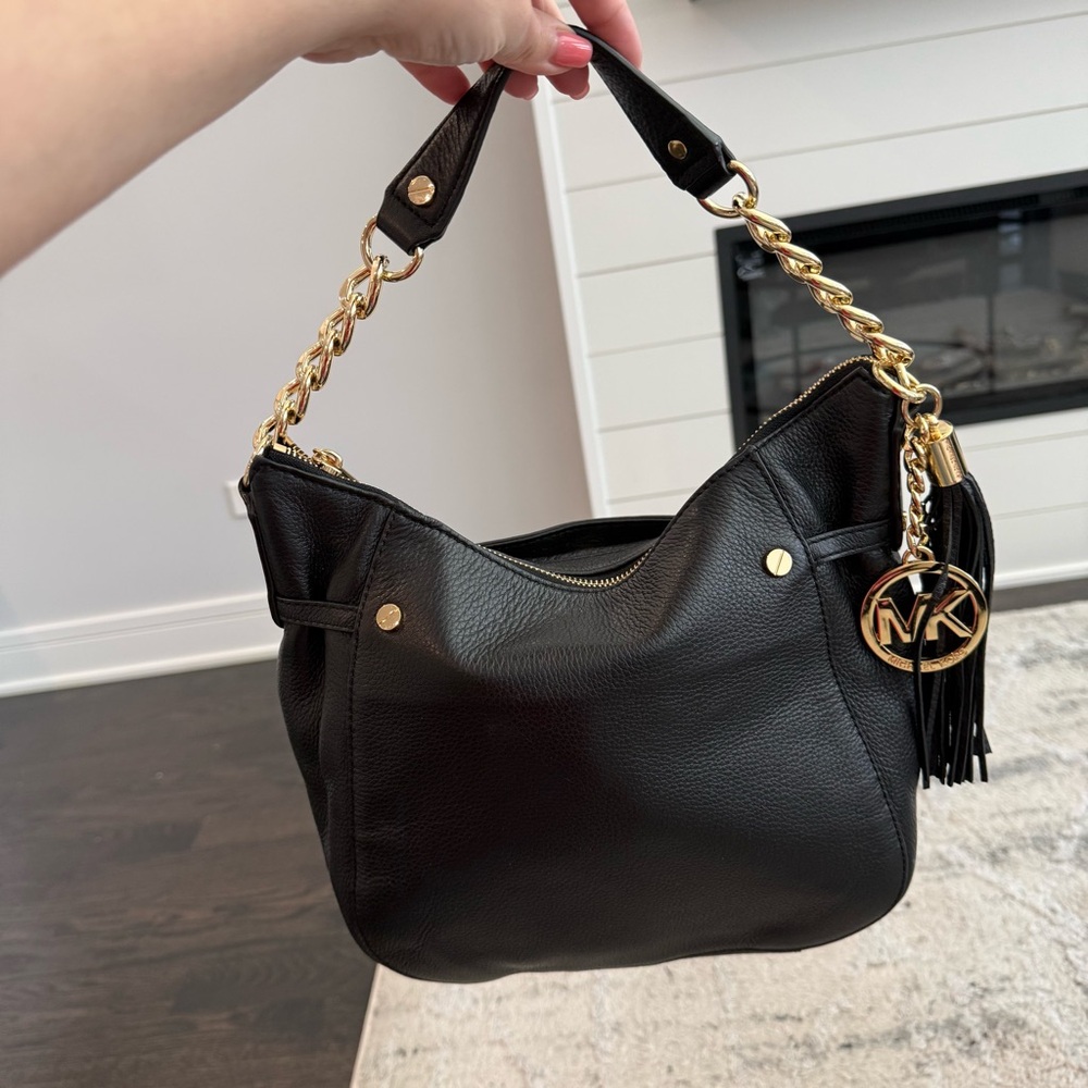 Michael Kors Black Pebbled Leather Shoulder Bag with Gold Hardware